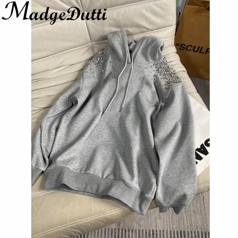 

2,22 г., MadgeDutti, модный роскошный свитшот с капюшоном и вышивкой надписью со стразами и бисером для женщин
