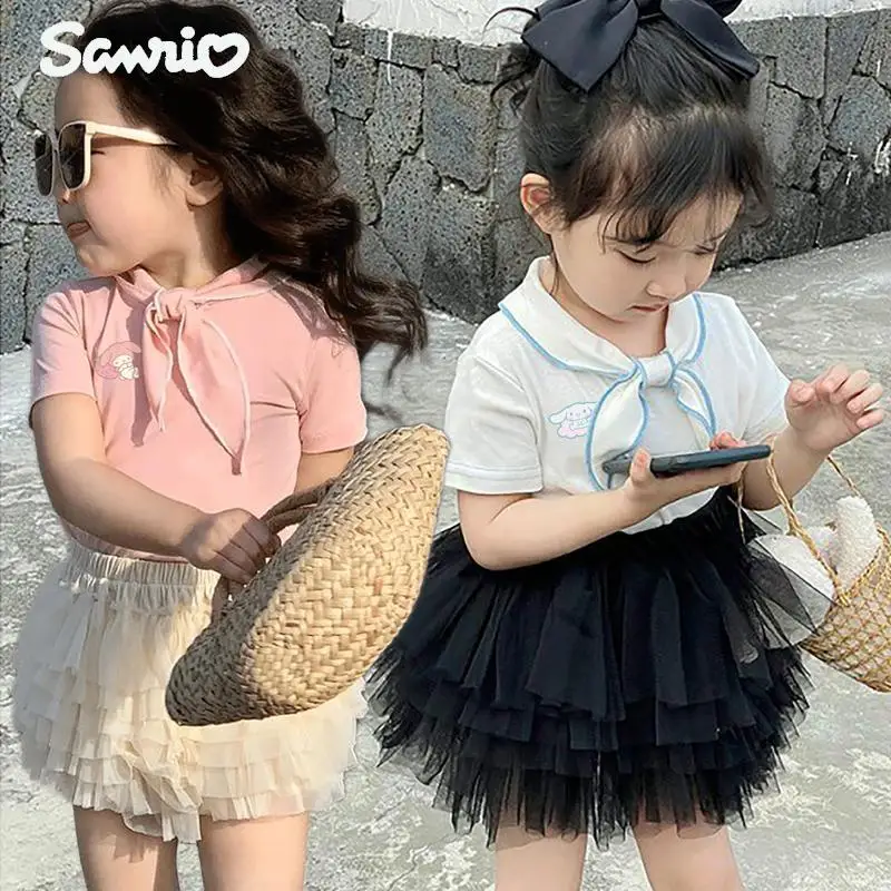 Anime Kawaii Sanrios Cinnamoroll My Melody Summer Short-Sleeved Cotton Girls Top T-Shirt Baby Layered Cake Gauze Kids Skirt Set
