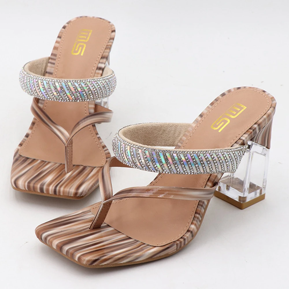 

Шлепанцы женские со стразами, сандалии на квадратном каблуке, открытый носок, без застежки, пляжные тапочки, модель cx870 на лето