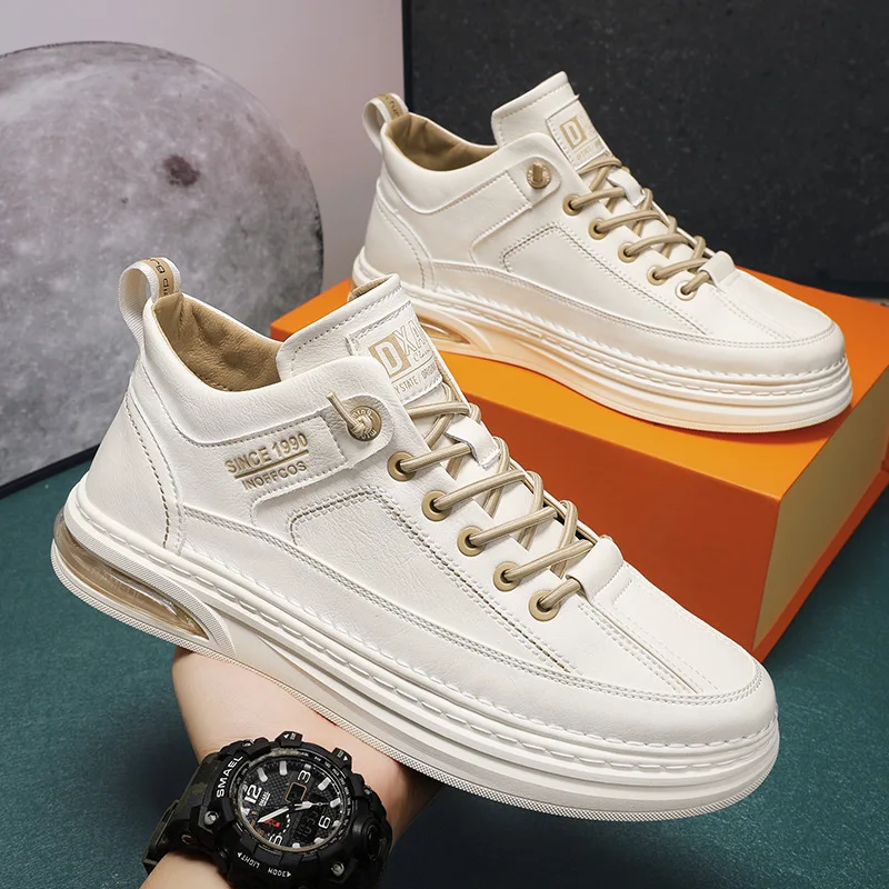 

Мужские туфли Новинка весна-осень высокие туфли с воздушной подушкой кожаные на шнуровке для спорта и отдыха маленькие белые туфли