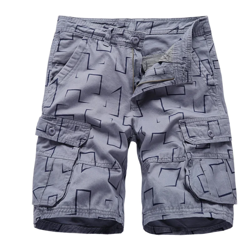 

Casual Mens Summer Short Geometric Print Cargo Short Men Mid-waist Knee Length Cotton Bermuda Masculina Beach Short With Pockets