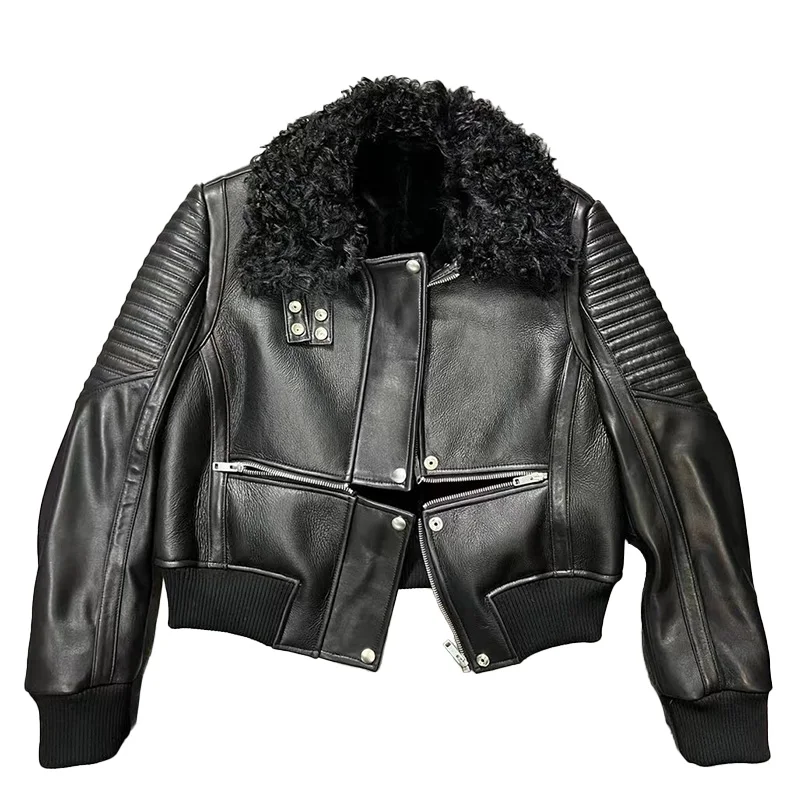 2022 New Women Leather Jackets Motorcycle Sheepskin Shearling Fur Collar Short Coats Warm Fur Lining Zipper Biker Jackets GT5087