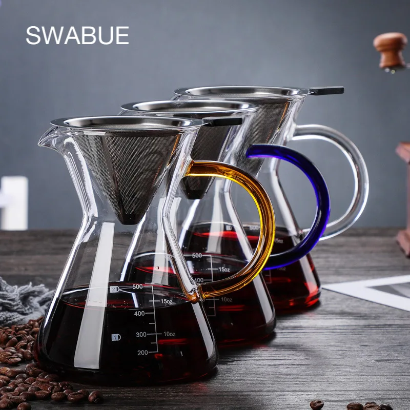 

Heat-resistant Borosilicate Glass Coffee Maker Stainless Steel Paperless Filter Transparent Tea Kettle with Handle Shareing Pot