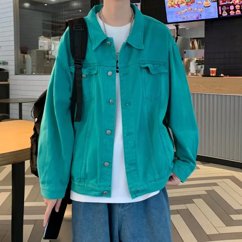 Мужская/женская джинсовая куртка на пуговицах зеленая облегающая Повседневная