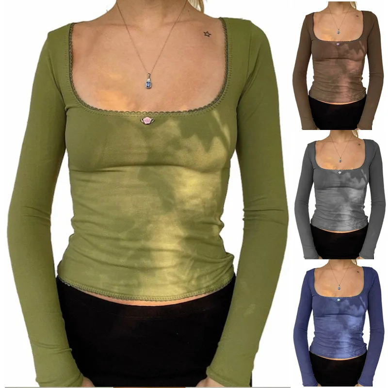 

Women's 2023 Best-Selling New Flower Decorative Lace Solid Color Slim Fit Top T-shirt