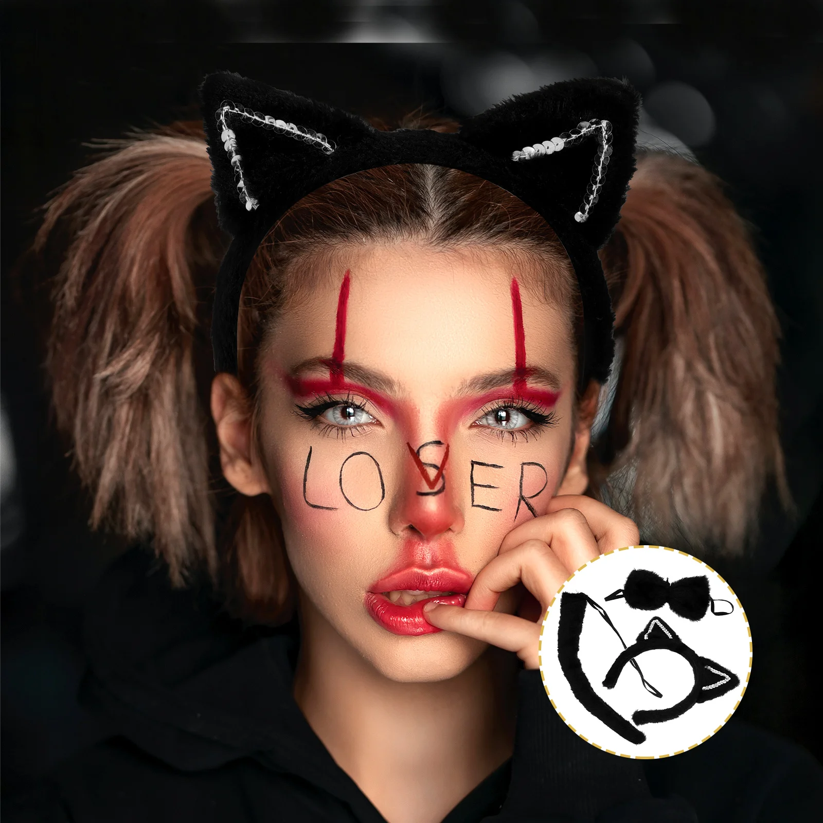 

1 Set of Party Cosplay Cat Ears Hairband Tie Tail Costume Kit Animal Ears Hairband Set Photo Props