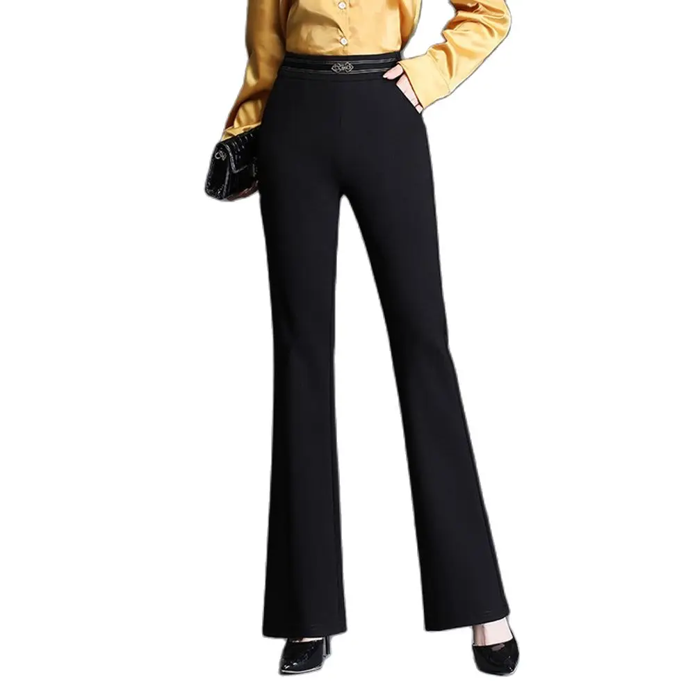 M To 9XL 2022 Women Spring Autumn Flared Pants Office Working Elastic Band High Waist Black Stretch Flare Trousers Slimming Fit