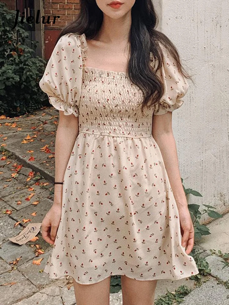 

Шифоновое Цветочное платье Jielur с квадратным вырезом, ТРАПЕЦИЕВИДНОЕ Черное мини-платье, новинка 2022, милая ретро одежда в стиле Харадзюку