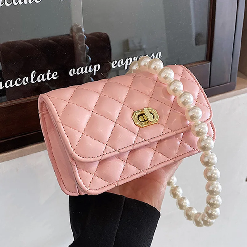 

Women Pu Leather Pink Green Crossbody Bag 2022 Luxury Brand Pearl Shoulder Bags Designer Diamond Grain Female Handbag and Purses