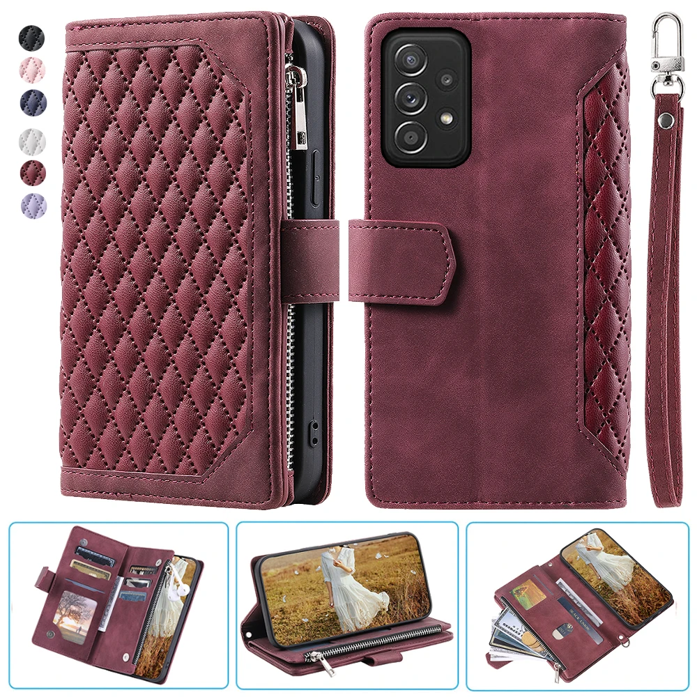 

For Samsung A52 4G Fashion Small Fragrance Zipper Wallet Leather Case Flip Cover Multi Card Slots Cover Folio with Wrist Strap