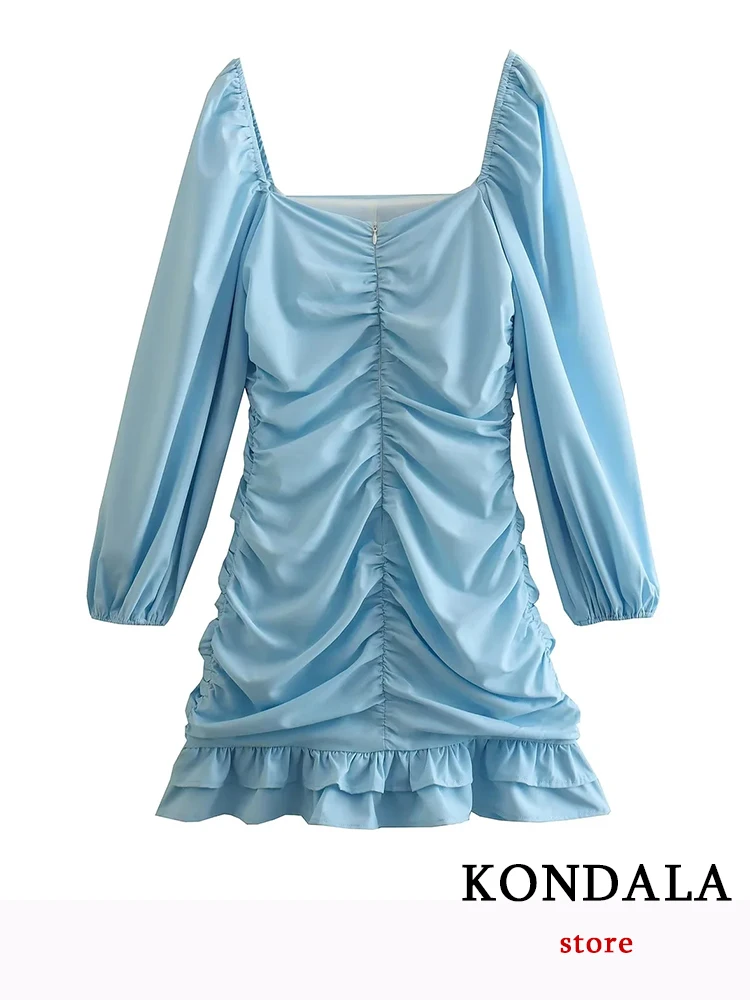 

KONDALA модное 2023 винтажное синее сексуальное Плиссированное мини-платье для вечеринки, женское платье с длинным рукавом и квадратным вырезом ...