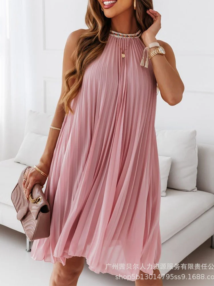 

Женское Элегантное летнее шифоновое плиссированное платье Mandylandy, модное женское платье-трапеция без рукавов Y2K с круглым вырезом, уличная о...