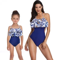 parent child swimsuit print one piece double ruffle strap backless cute print floral beachwear mom and daughter matching clothes