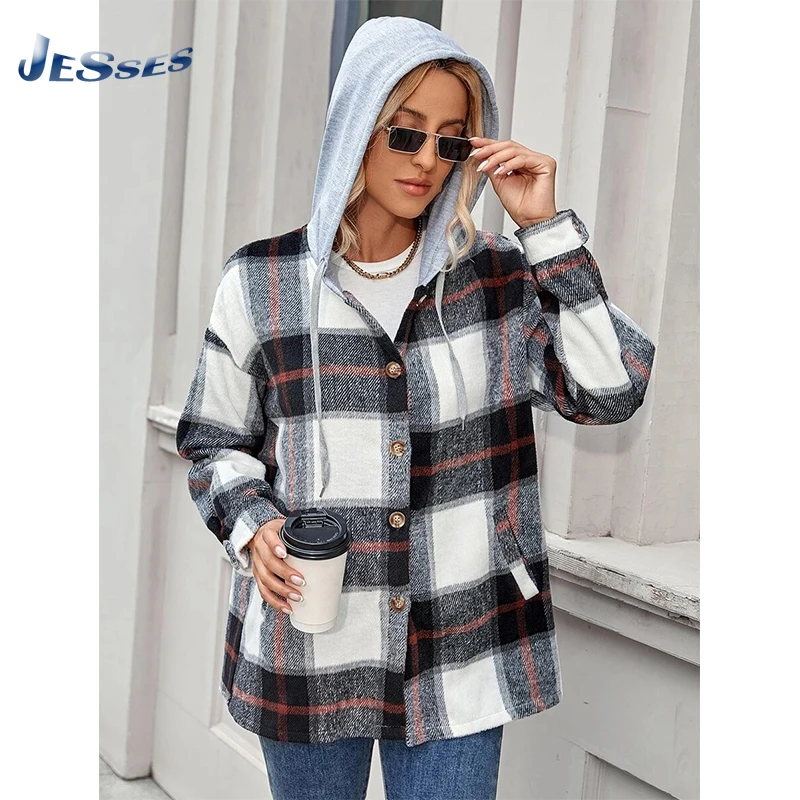 

Autumn and Winter Pockets Long Sleeves Buttoned Warm Jacket Loose Check Plush Hooded Jacket Women Casual Check Loose Jacket