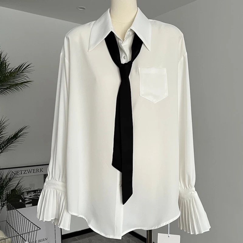 Temperament Lapel Tie Single-Breasted Pleated Autumn New Comfortable Flared Long Sleeves Fashion Versatile Solid Color Shirt