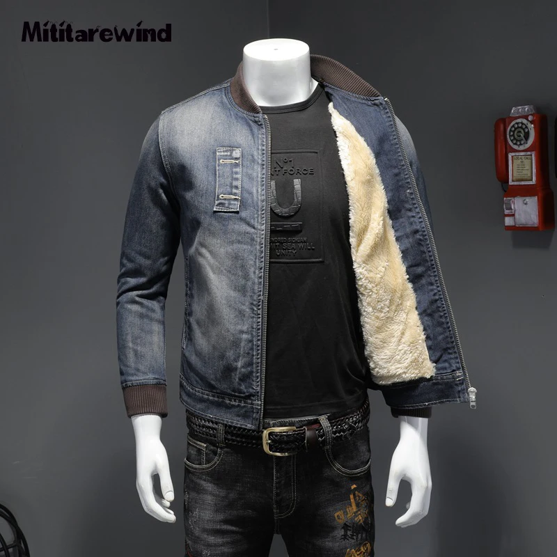 

Autumn Winter Denim Jacket Men Fleece Thick Warm Windbreaker Jeans Coat Male Biker Jacket Large Size M-4XL Retro Blue Outerwear