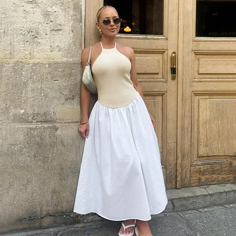 H24DS041 женское летнее плиссированное платье с высокой талией и вырезом на шее