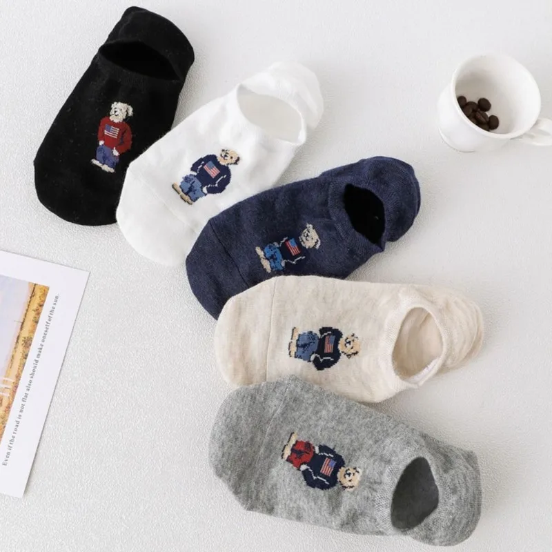 Fashion Men's Boat Socks Cartoon Bear Summer Autumn Anti-Slip Transparent Silicone Cotton Ankle Slippers Socks Retro