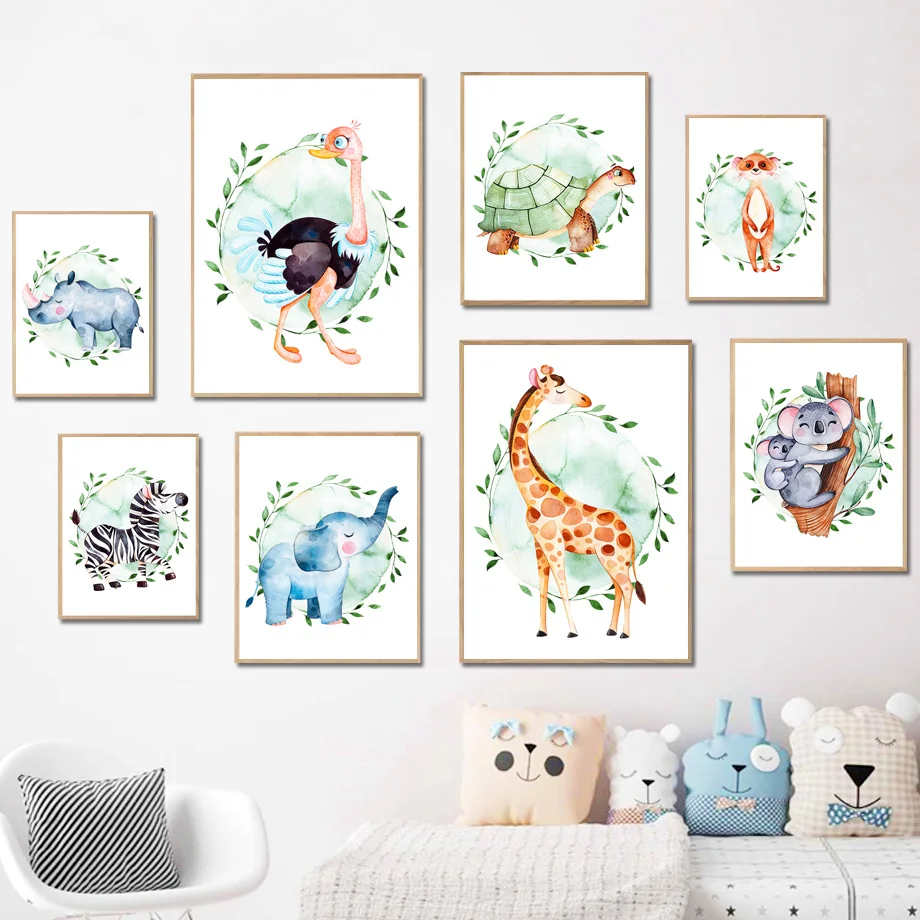 Милый жираф слон страусика коала Зебра Рино настенное искусство холст