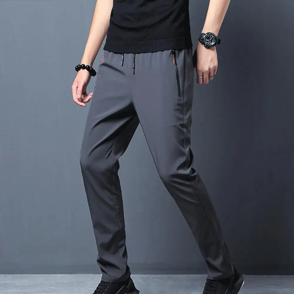 

Ankle Tied for Outdoor Solid Color Drawstring Trousers Men Pants Zipper Pockets Quick Drying Thin Sports
