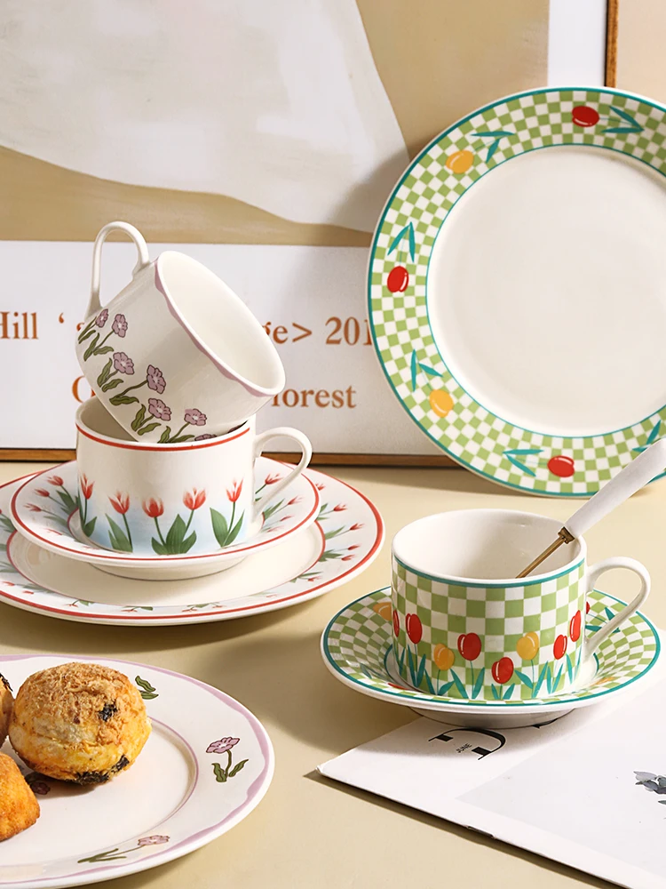 

Ins Hot Lovely Flowers Pattern Designer Ceramic Coffee Tea Cup Mug Saucer and Plate Set 220ml 8 Inch Plate UK Japanese Style