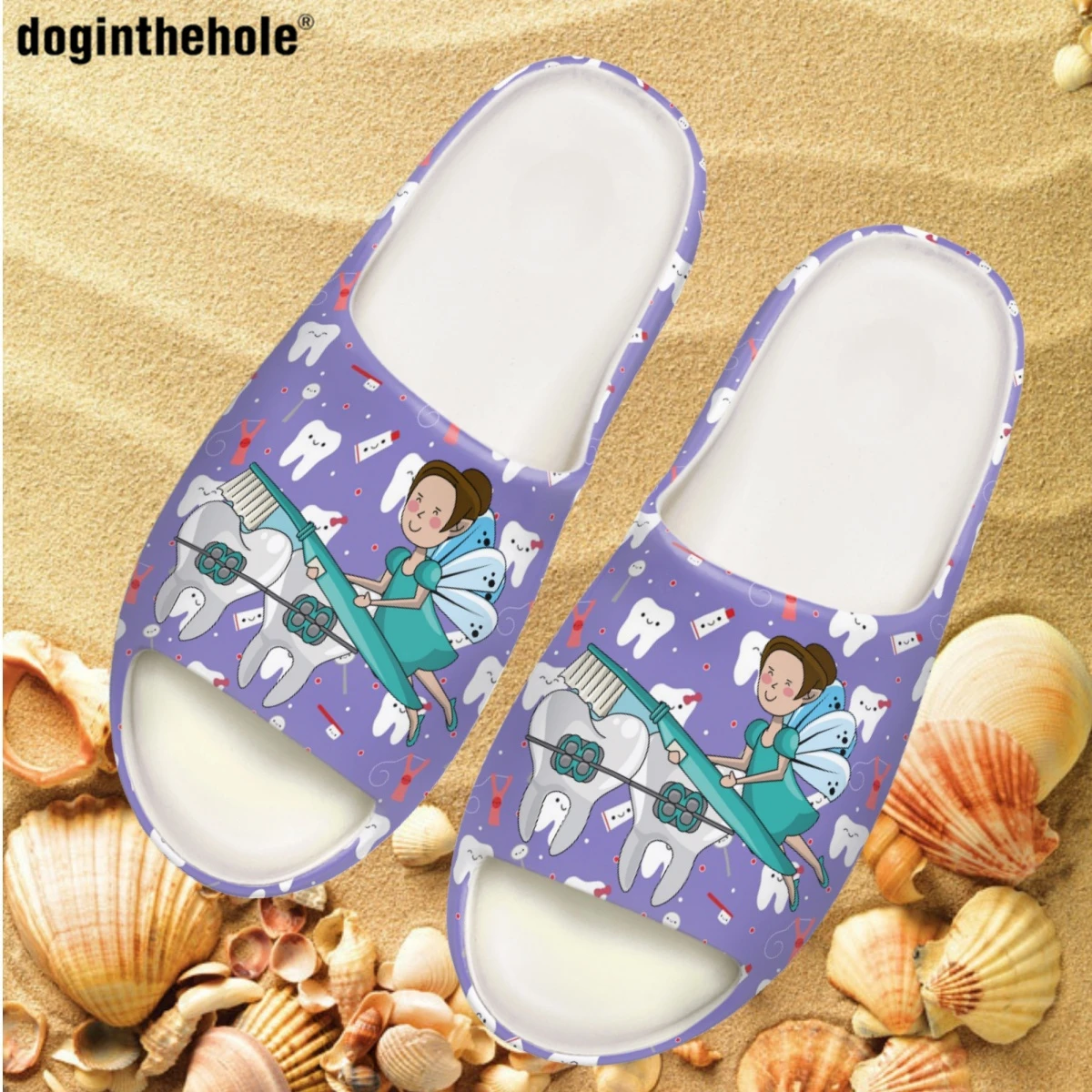 

Doginthehole Women's Summer Slippers New Coconut Slippers Cartoon Dental Nurse Pattern Printing Non-slip Slip On Nursing Sandals