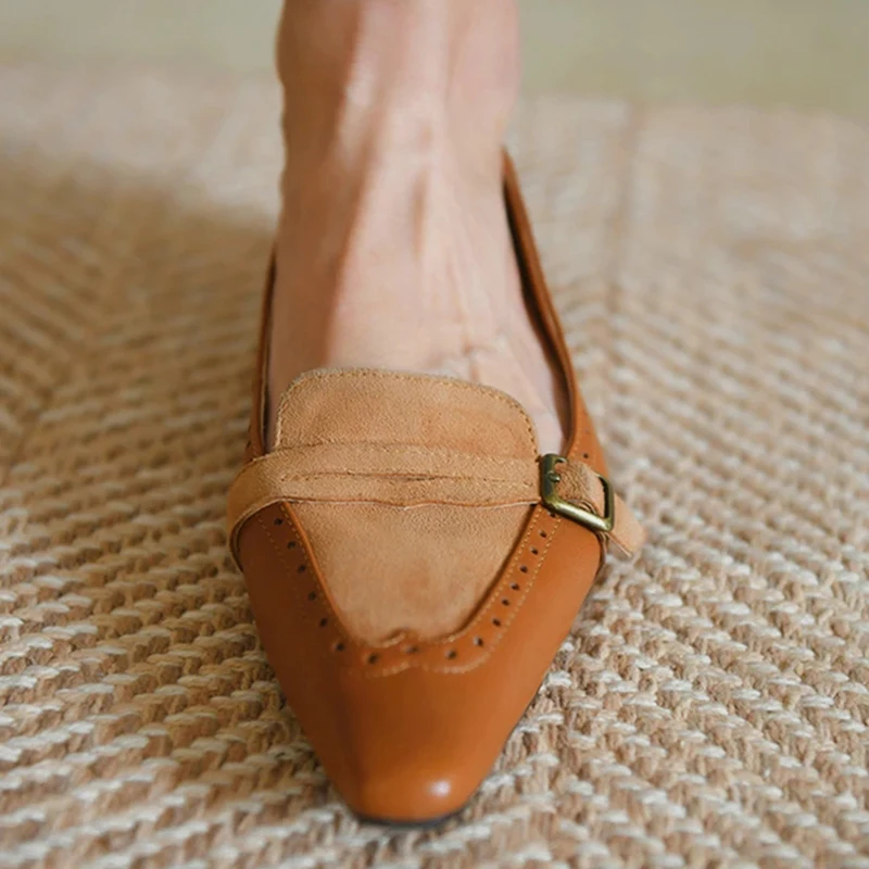 Women Flat Shoes Suede Pointy Leisure Lefu Retro Low Top PU Square Head Shallow Mouth Solid Color Single Breathable