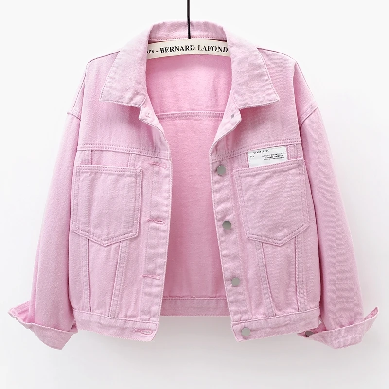 

Fashion Pink Patch Design Big Pocket Denim Jacket Women Loose Short Cowboy Outerwear Korean Long Sleeve Jeans Jacket Coat Female