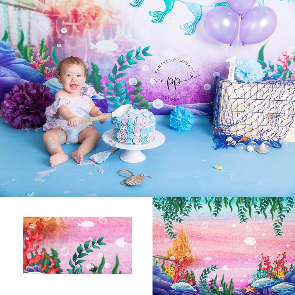 Mermaid Backdrops Photography Baby Girl Princess Birthday Glitters Mermaid Underwater Castle Photocall Seabed Shell Backgrounds