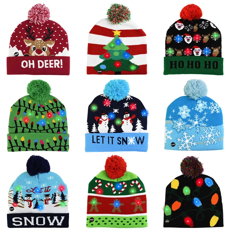 

LED Christmas Hat Sweater Knitted Beanie Christmas Light Up Knitted Hat Christmas Gift for Kids Xmas 2022New Year Decorations