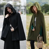 autumn and winter womens loose hooded button wool cape top shawl