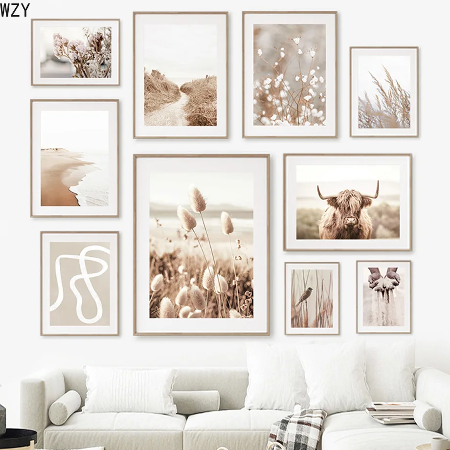 

Пляжная Песочная трава тростник птица Highland cowpaint настенное искусство холст для гостиной Декор скандинавские плакаты и принты настенные кар...