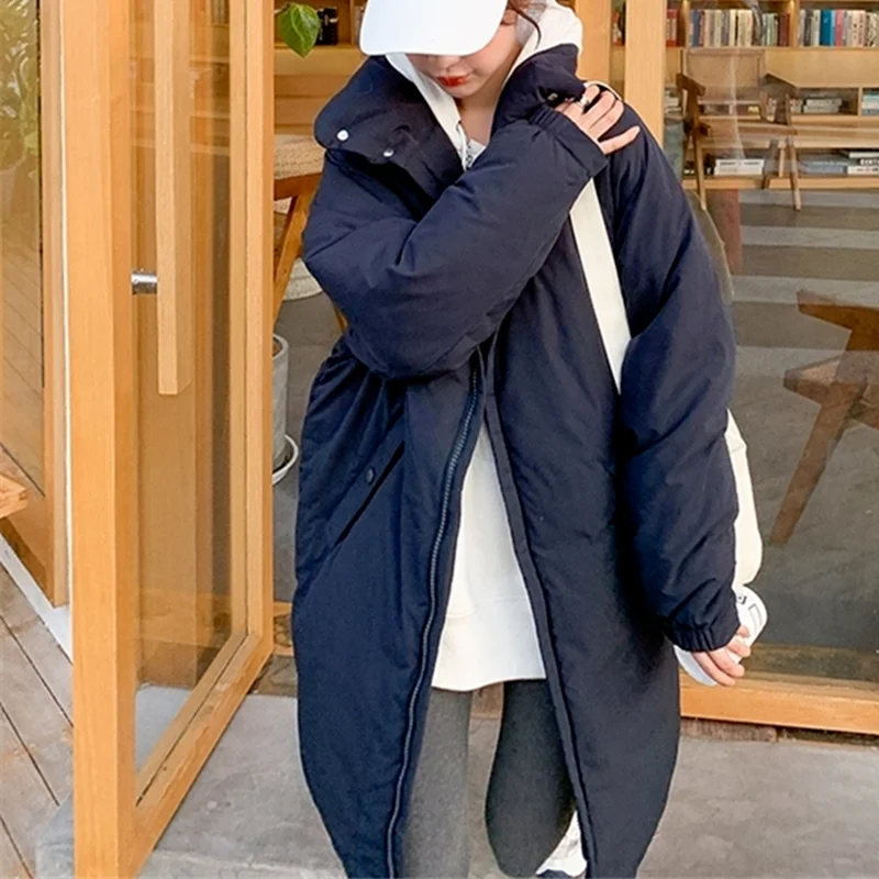 New 2021 Winter Women's Jacket Pocket Stand-up Collar Down Korean Loose Long Over-the-knee Coat To Keep Warm and Thick Long Coat
