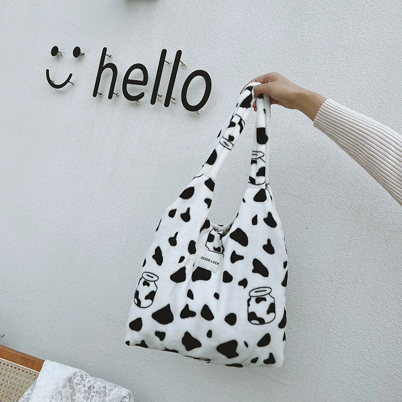 

Korean Version Fashion Plush Cute Cow Pattern Shoulderbage Large Casual Capacity Shopper Corduroy Tote Bags for Women