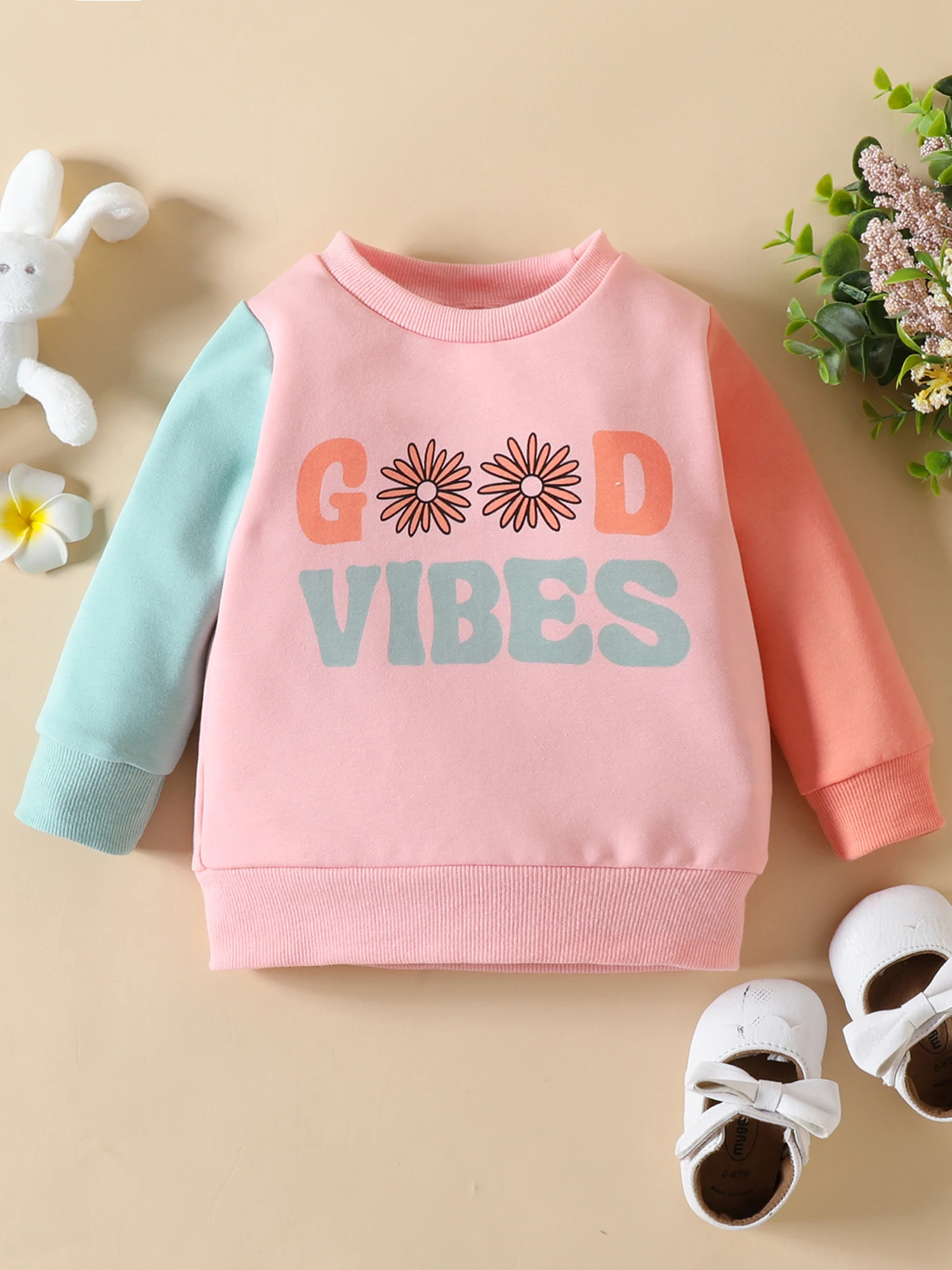 

Toddler Baby Girls Boy Sweatshirt Long Sleeve Crew Neck Contrast Color Letters Flower Print Pullover Tops