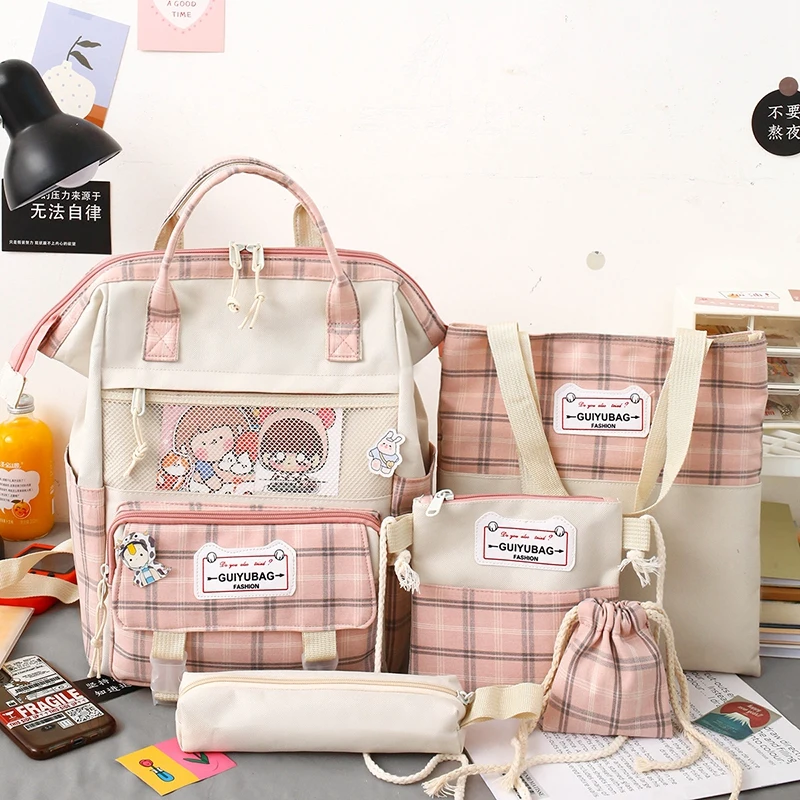 

5 Set Women Backpack Harajuku Plaid School Bags For Teenage Girls Boy Kawaii College Student Kids Book Bagpack Rucksack 2022 New