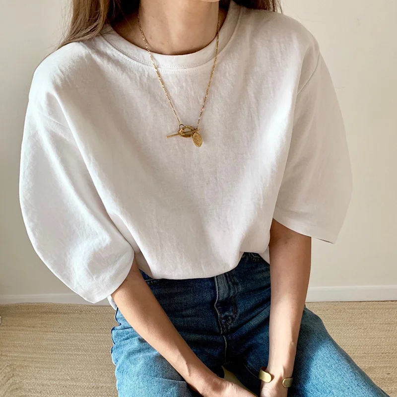 

Summer Women's Puff Half Sleeve T-shirt Loose Casual Solid Shirts 2021 Indie Women Korean O-neck Tee Shirt Clothes Tops 4 Colors