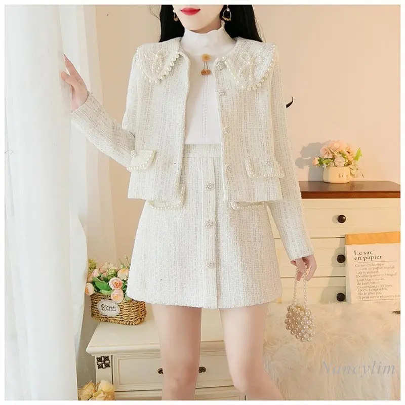 Women's Chic Professional Suit Two Piece Skirt for Women 2022 New Autumn Winter Long Sleeve Beaded Edge Bow Tweed Coat + Skirts enlarge