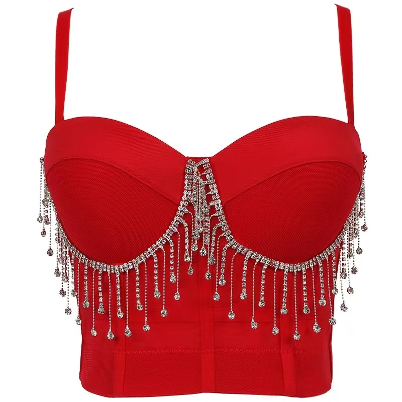 

Women Camisole Top Diamond Crystal Tassels Solid Color Sexy Cropped Top Push Up Bustier Bra Night Club Party Tank Top 2022