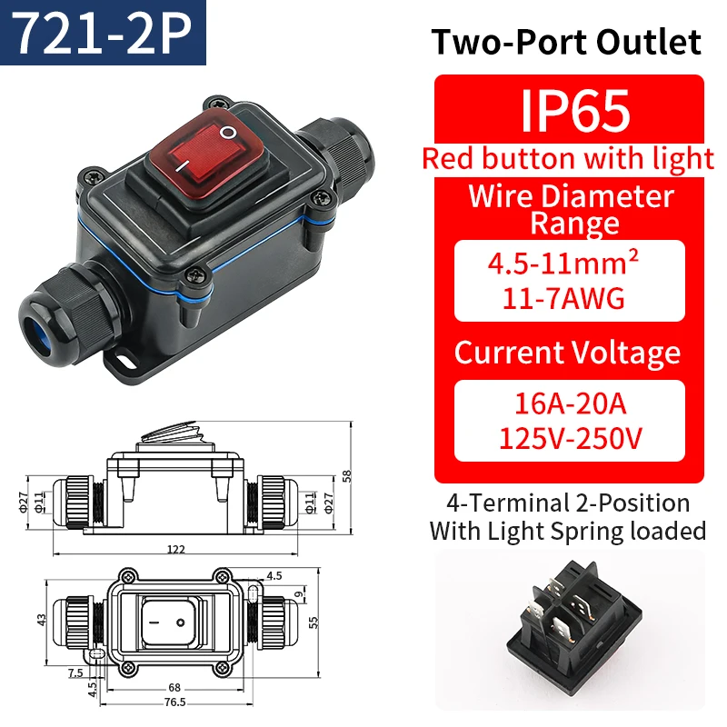 

IP65 Встроенный шнур Открытый водонепроницаемый переключатель корабельного типа Высокоточный морской кулисный переключатель питания Вкл. Выкл. Кнопочный переключатель