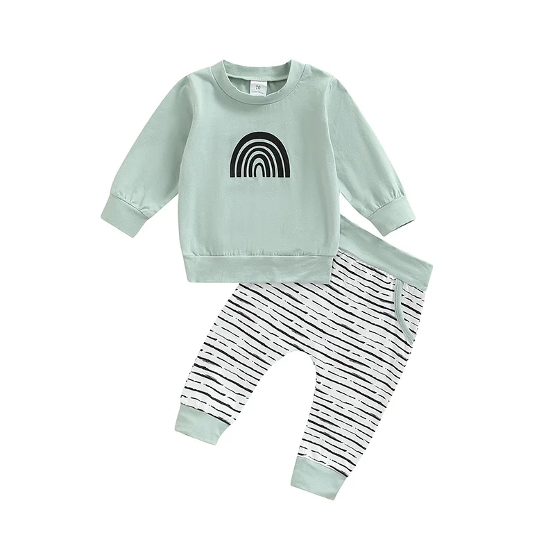 

Топ с длинным рукавом и штаны для маленьких мальчиков 3-24 мес. Повседневная весенняя одежда с радужным принтом в полоску и круглым вырезом