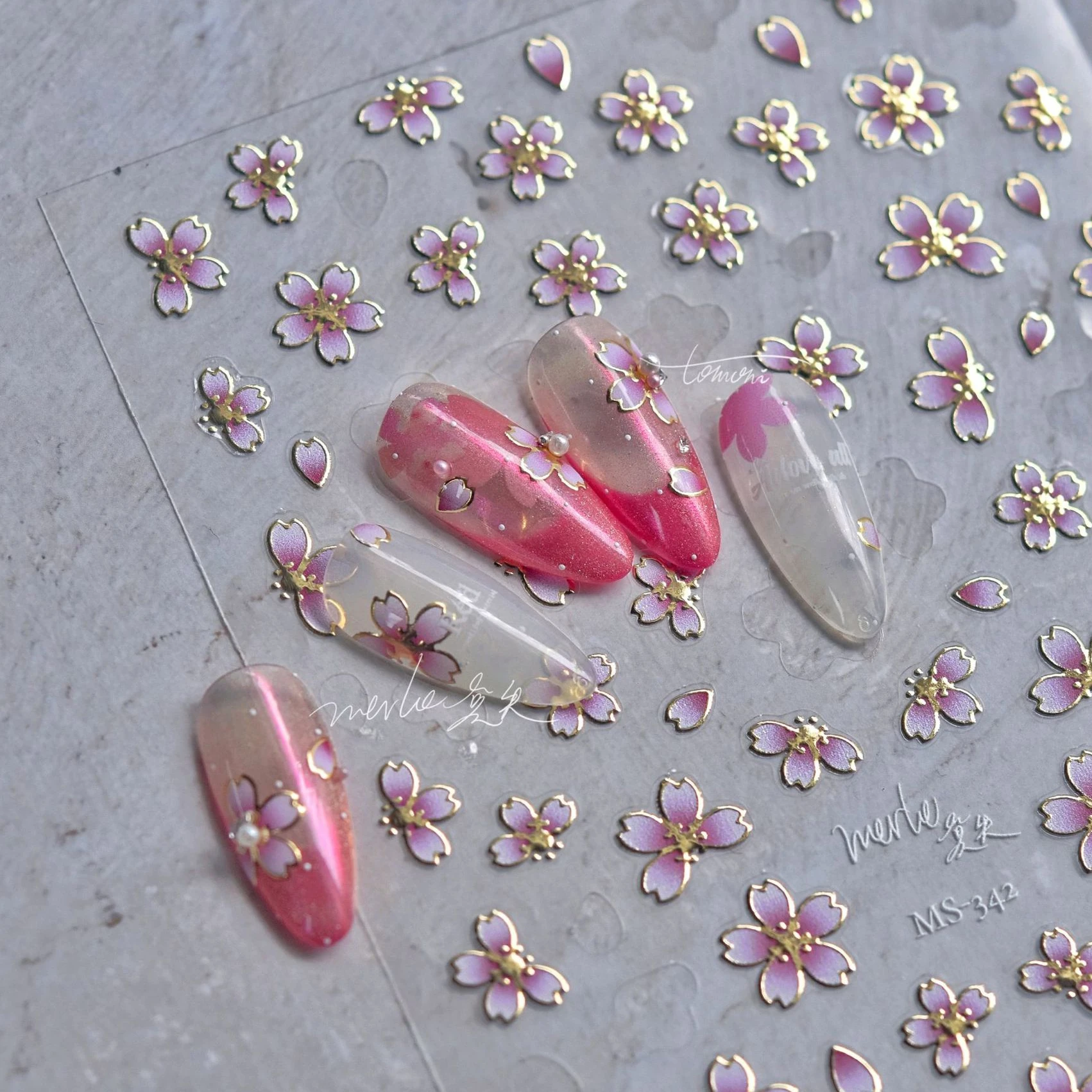 Самоклеящиеся 3D-Наклейки для дизайна ногтей с золотыми краями вишневого цветка