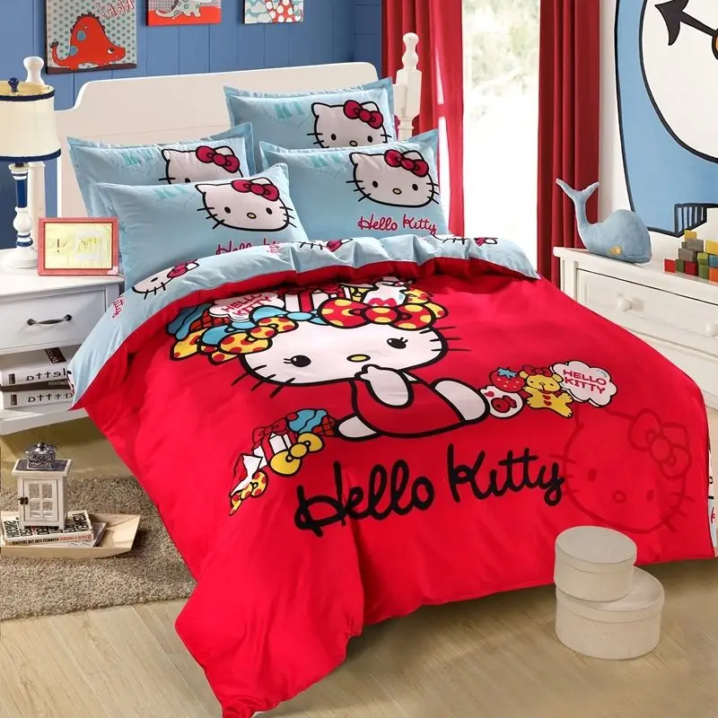 Sanrio Kawaii HelloKitty bed children's cartoon cute four-piece set skin-friendly dormitory single double bed sheet quilt cover