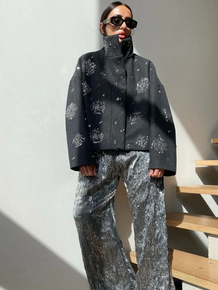 Роскошное шикарное пальто с бисером женское свободное однобортное шерстяное