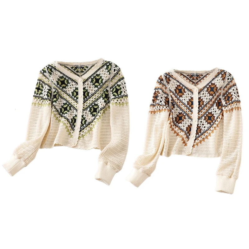 

573B Women's Crochet Cardigan Colorful Knit Tops Sun Protection Thin Sweater Coat Handmade Fall V Neck Long Sleeves Crop Tops