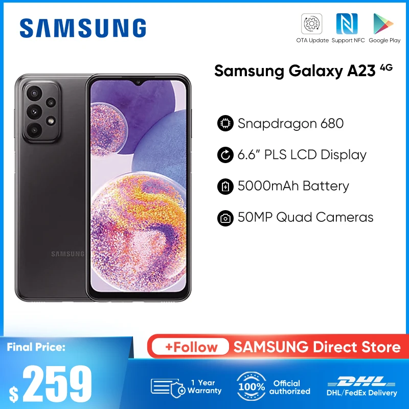 

Original Samsung Galaxy A23 4G Smartphone 90Hz PLS LCD Display Snapdragon 680 Android System 5000mAh Battery 25W Fast Charging