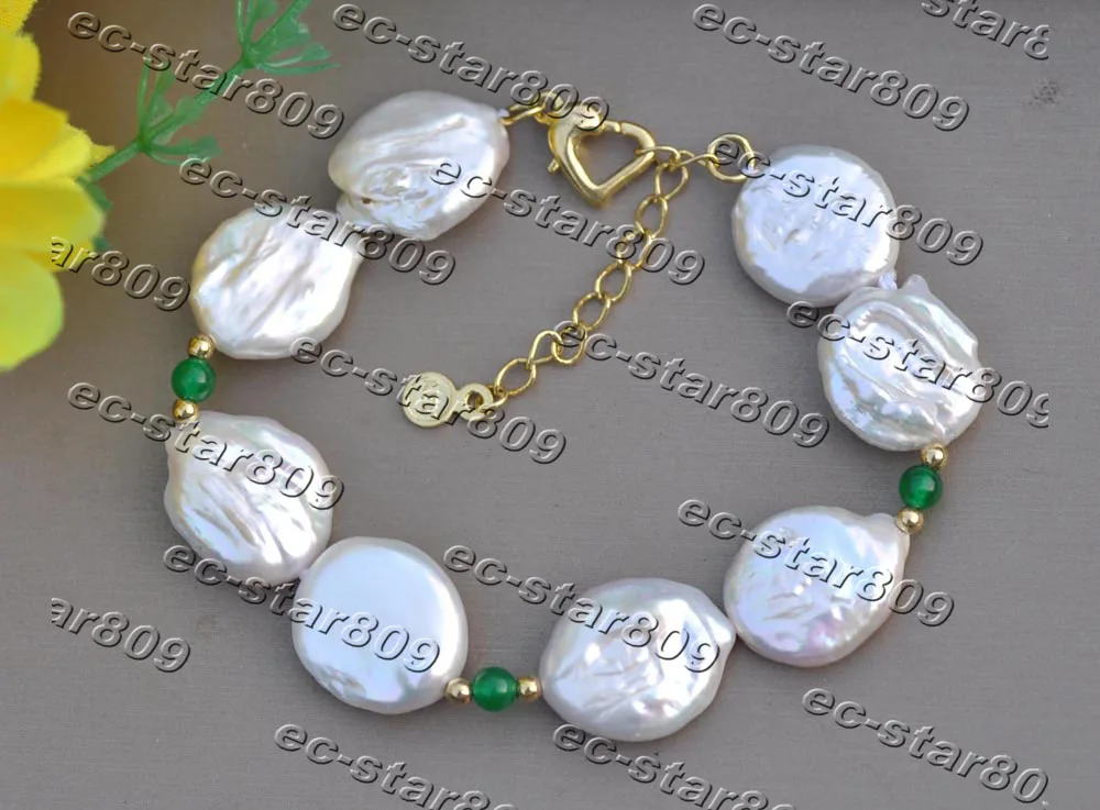 

MCT·STAR Z11423 9.5" 16mm White Coin Freshwater Pearl Jade Bead Bracelet