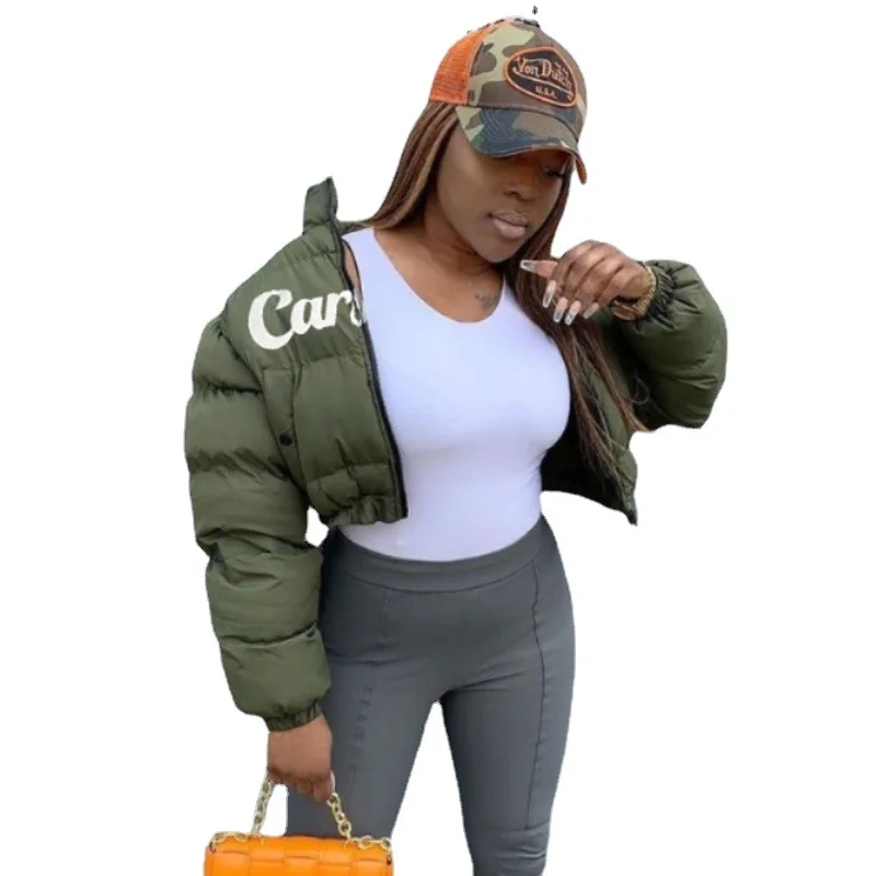 2022 New Women's Clothing Autumn and Winter New Trend Letter Print Cardigan Zipper Stand Collar Warm Slim Short Cotton Clothing