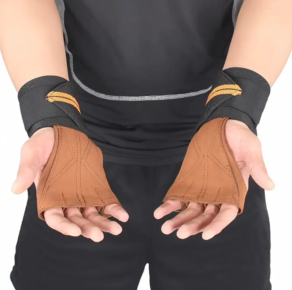 

Leather Gym Gloves With Bracers Pull-ups Lifting Gymnastic Crossfit Anti-Skid Belt Wraps Support Palm Protection Pads Fitness