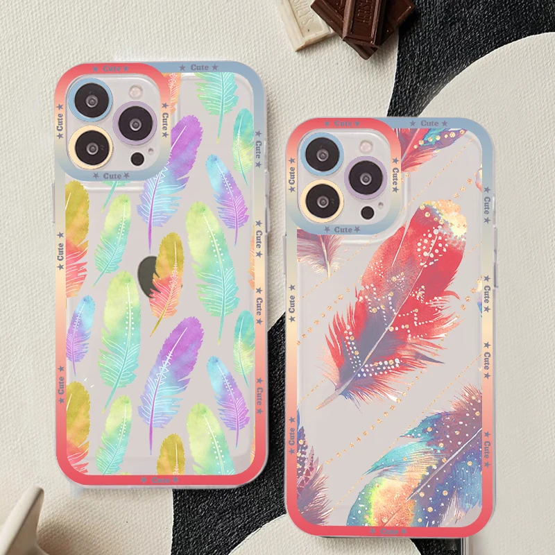 

Feather Glitter Pattern Phone Case For iPhone 14 13 12 11 Pro Max Mini X Xs XR 6 7 8 Plus SE 2020 Transparent Case